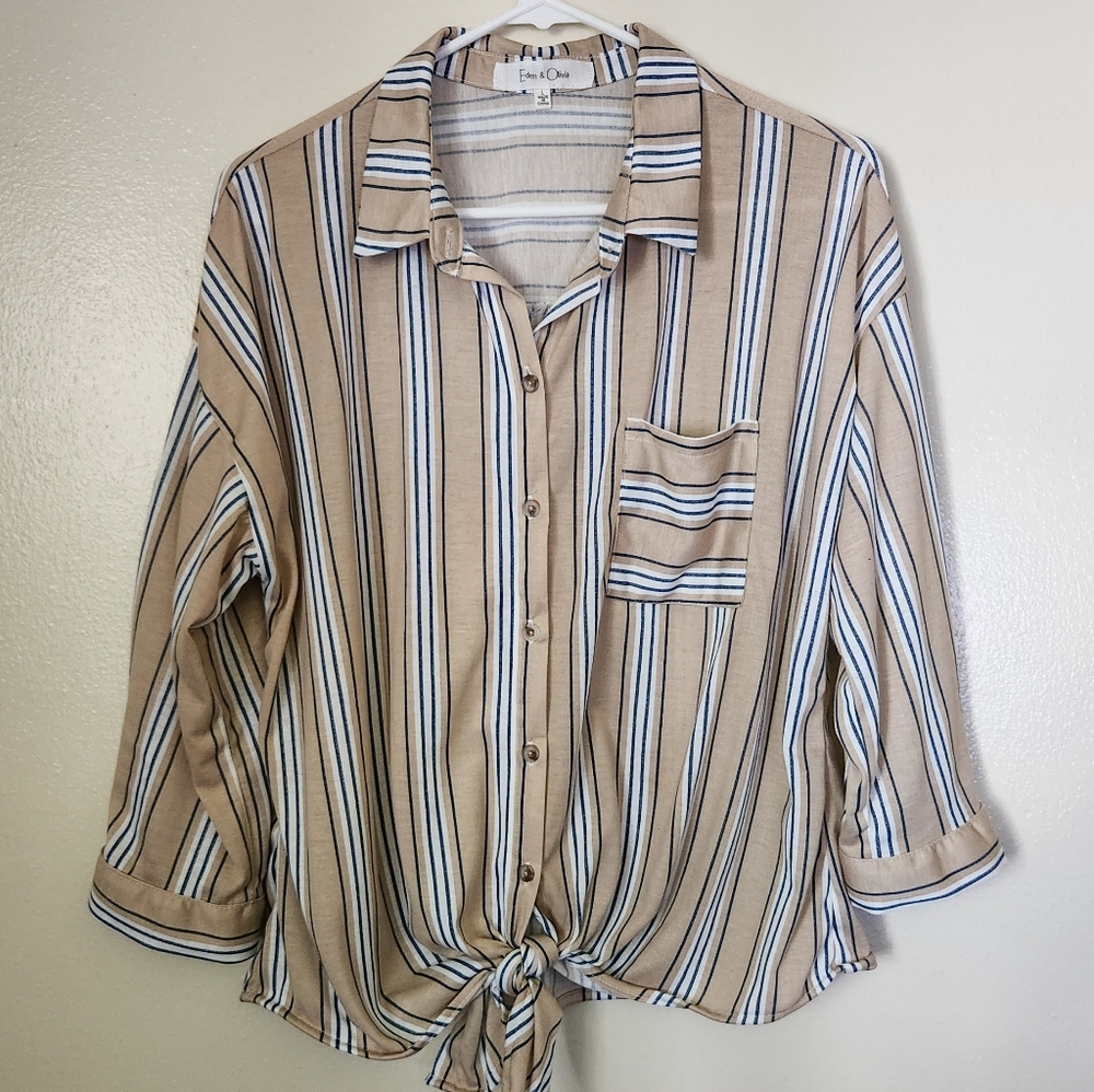 Tan Striped Button Up 3/4 Sleeve Tie Front